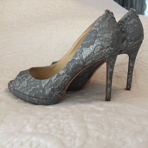 Ivanka Trump silver metallic fabric peep toe pumps